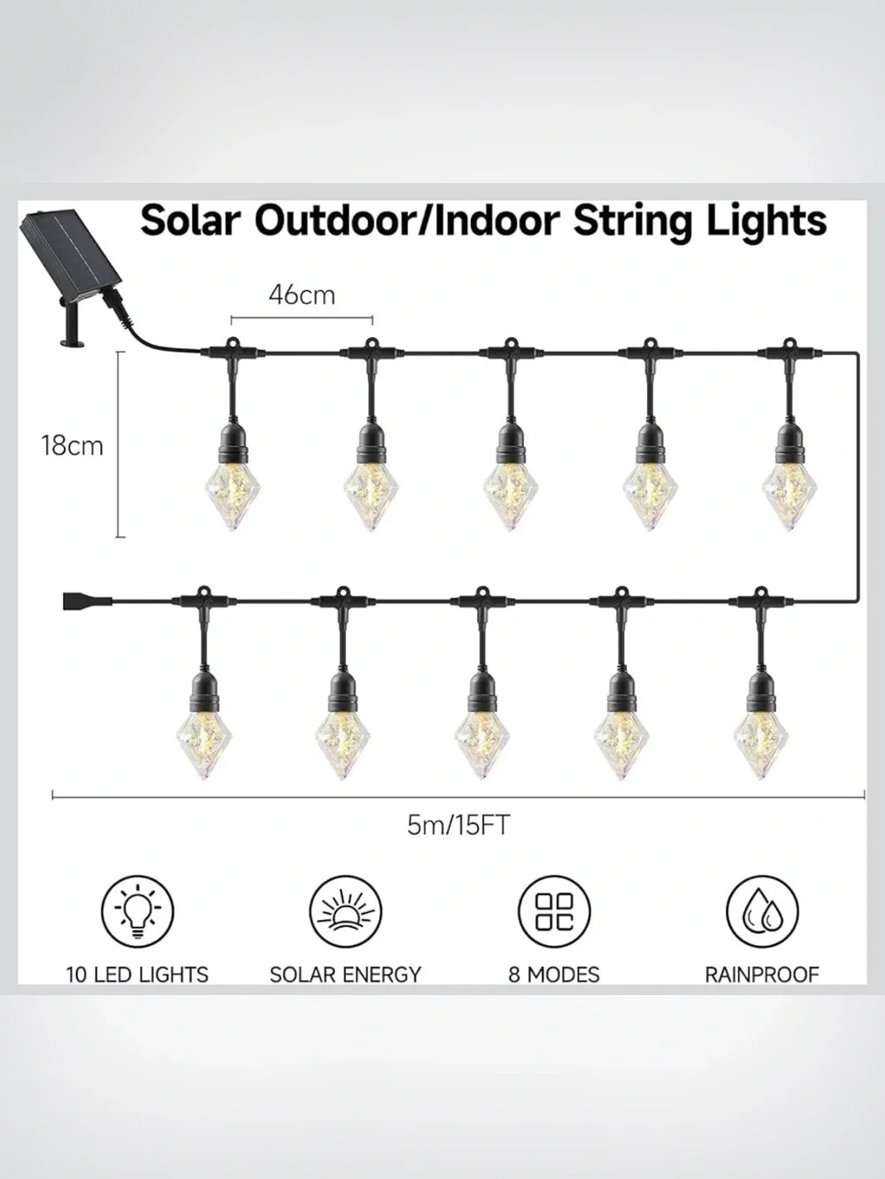 Solar Diamond String Lights - Warm White Outdoor Patio Lighting